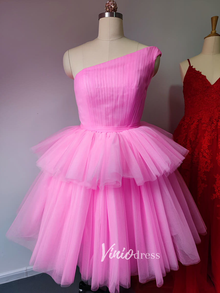 One Shoulder Blush Pink Homecoming Dresses Pleated Tulle Tutu Dress SD1241-Homecoming Dresses 2025 -Viniodress-Blush Pink-Custom Size-