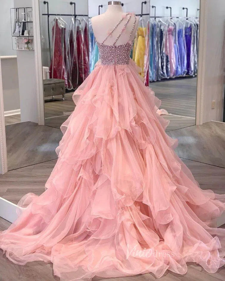 One Shoulder Blush Ruffle Prom Dresses Beaded FD1456-prom dresses 2025 -Viniodress-Blush Pink-Custom Size-