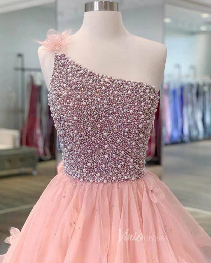 One Shoulder Blush Ruffle Prom Dresses Beaded FD1456-prom dresses 2025 -Viniodress-Blush Pink-Custom Size-
