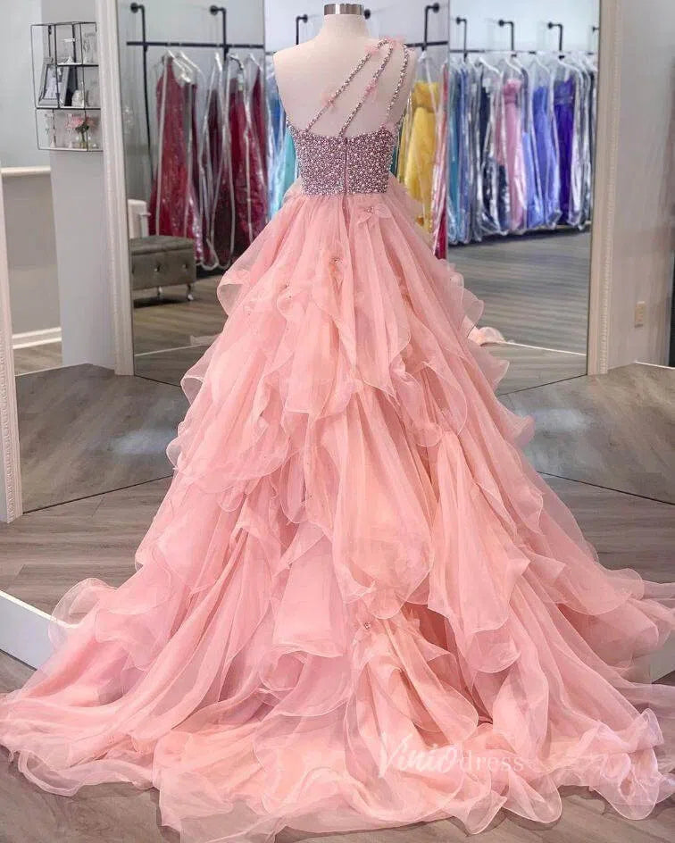 Prom Dress 2025 One Shoulder Blush Ruffle Prom Dresses Beaded FD1456-unique prom dresses-Blush Pink-Custom Size-Viniodress