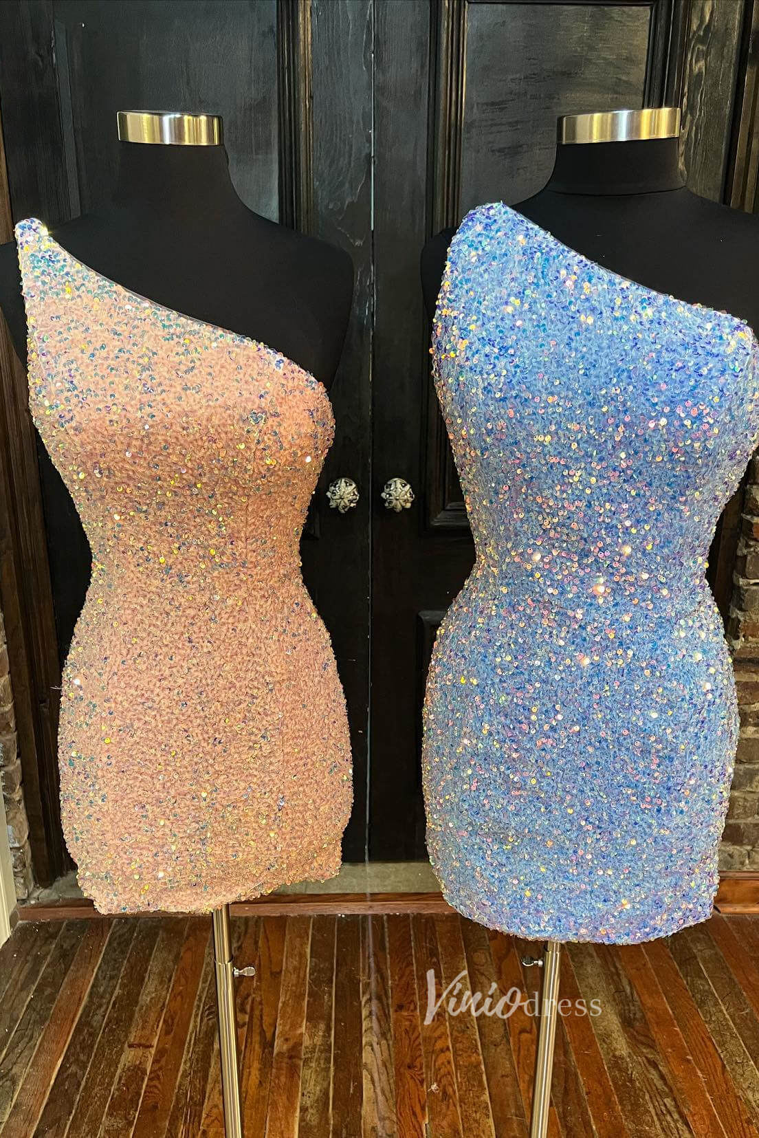 One Shoulder Bodycon Sequin Homecoming Dresses Tight Cocktail Dress SD1513-Homecoming Dresses 2025 -Viniodress-Light Blue-Custom Size-