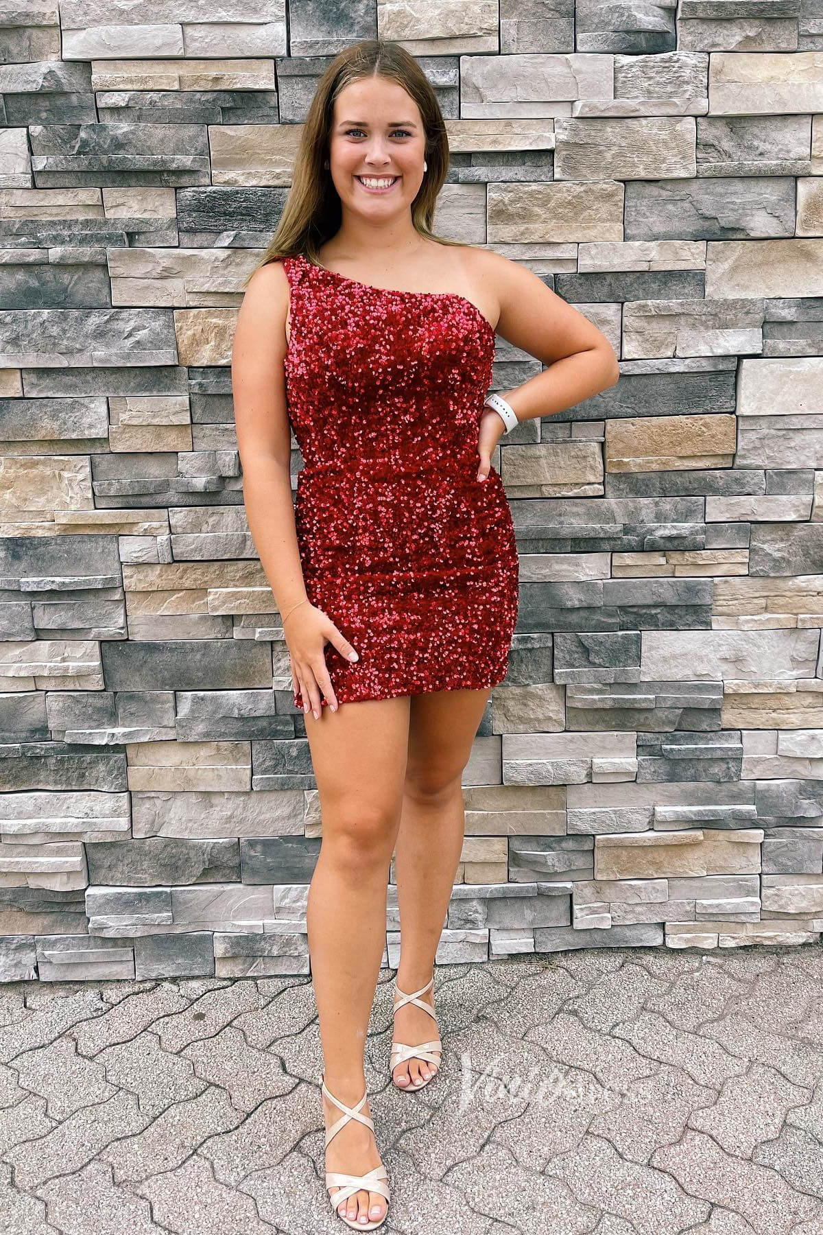 One Shoulder Bodycon Sequin Homecoming Dresses Tight Cocktail Dress SD1513-Homecoming Dresses 2025 -Viniodress-Light Blue-Custom Size-