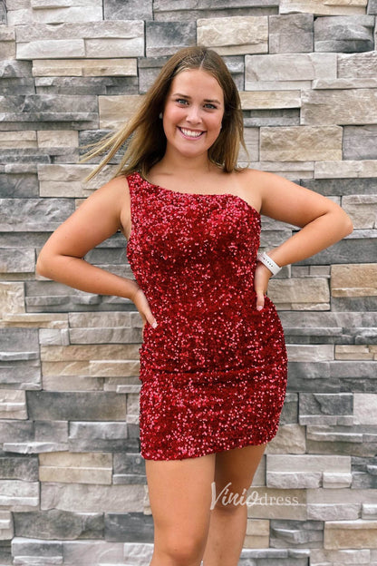 One Shoulder Bodycon Sequin Homecoming Dresses Tight Cocktail Dress SD1513-Homecoming Dresses 2025 -Viniodress-Red-Custom Size-