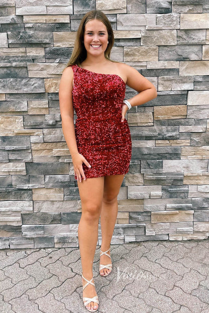 One Shoulder Bodycon Sequin Homecoming Dresses Tight Cocktail Dress SD1513-Homecoming Dresses 2025 -Viniodress-Light Blue-Custom Size-