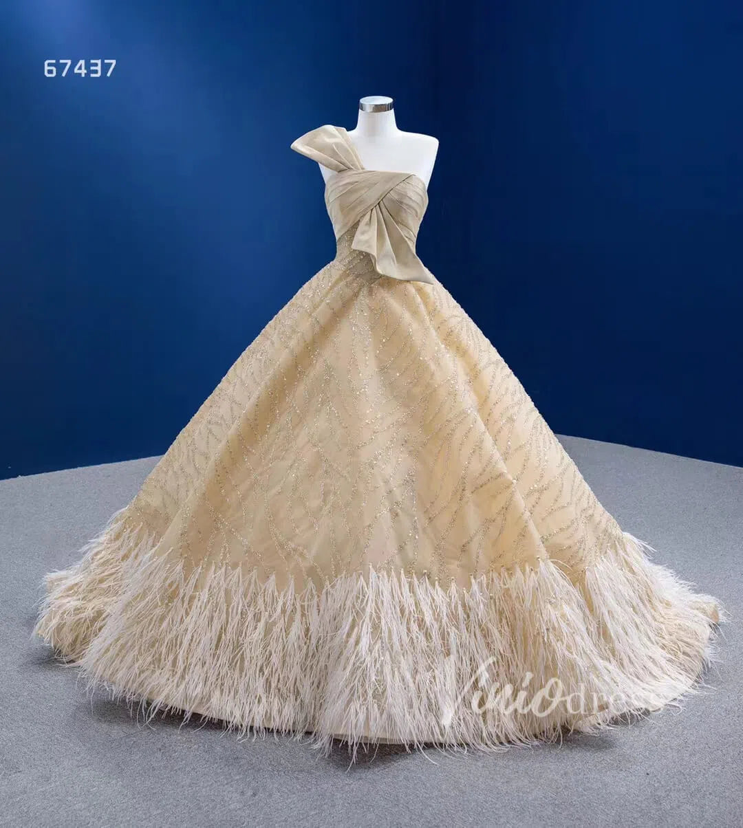 One Shoulder Bow Champagne Feather Ball Gown 67437 viniodress-wedding dresses 2025 -Viniodress-Champagne-Custom Size-
