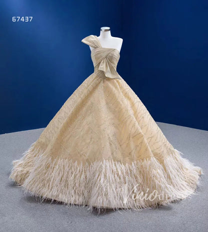 One Shoulder Bow Champagne Feather Ball Gown 67437 viniodress-wedding dresses 2025 -Viniodress-Champagne-Custom Size-
