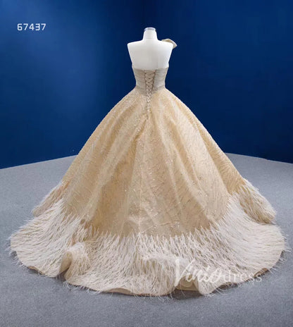 One Shoulder Bow Champagne Feather Ball Gown 67437 viniodress-wedding dresses 2025 -Viniodress-Champagne-Custom Size-