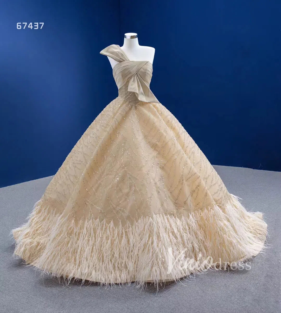 One Shoulder Bow Champagne Feather Ball Gown 67437 viniodress-wedding dresses 2025 -Viniodress-Champagne-Custom Size-