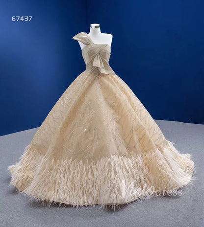 One Shoulder Bow Champagne Feather Ball Gown 67437 viniodress-wedding dresses 2025 -Viniodress-Champagne-Custom Size-