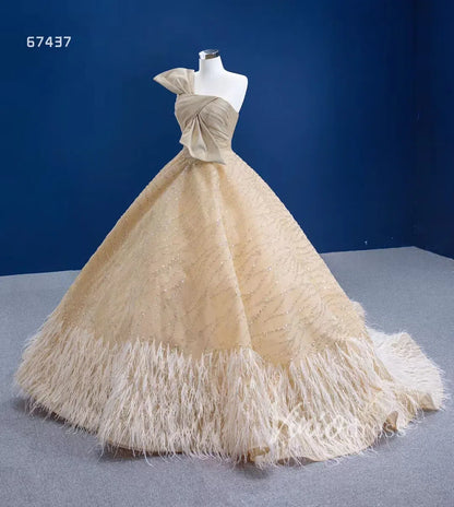 One Shoulder Bow Champagne Feather Ball Gown 67437 viniodress-wedding dresses 2025 -Viniodress-Champagne-Custom Size-