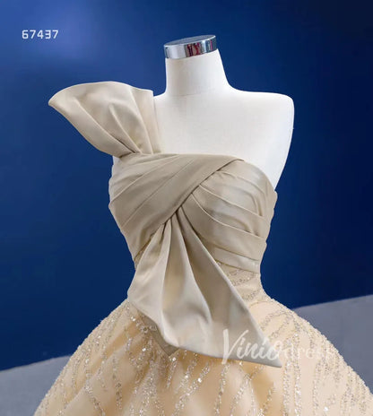 One Shoulder Bow Champagne Feather Ball Gown 67437 viniodress-wedding dresses 2025 -Viniodress-Champagne-Custom Size-