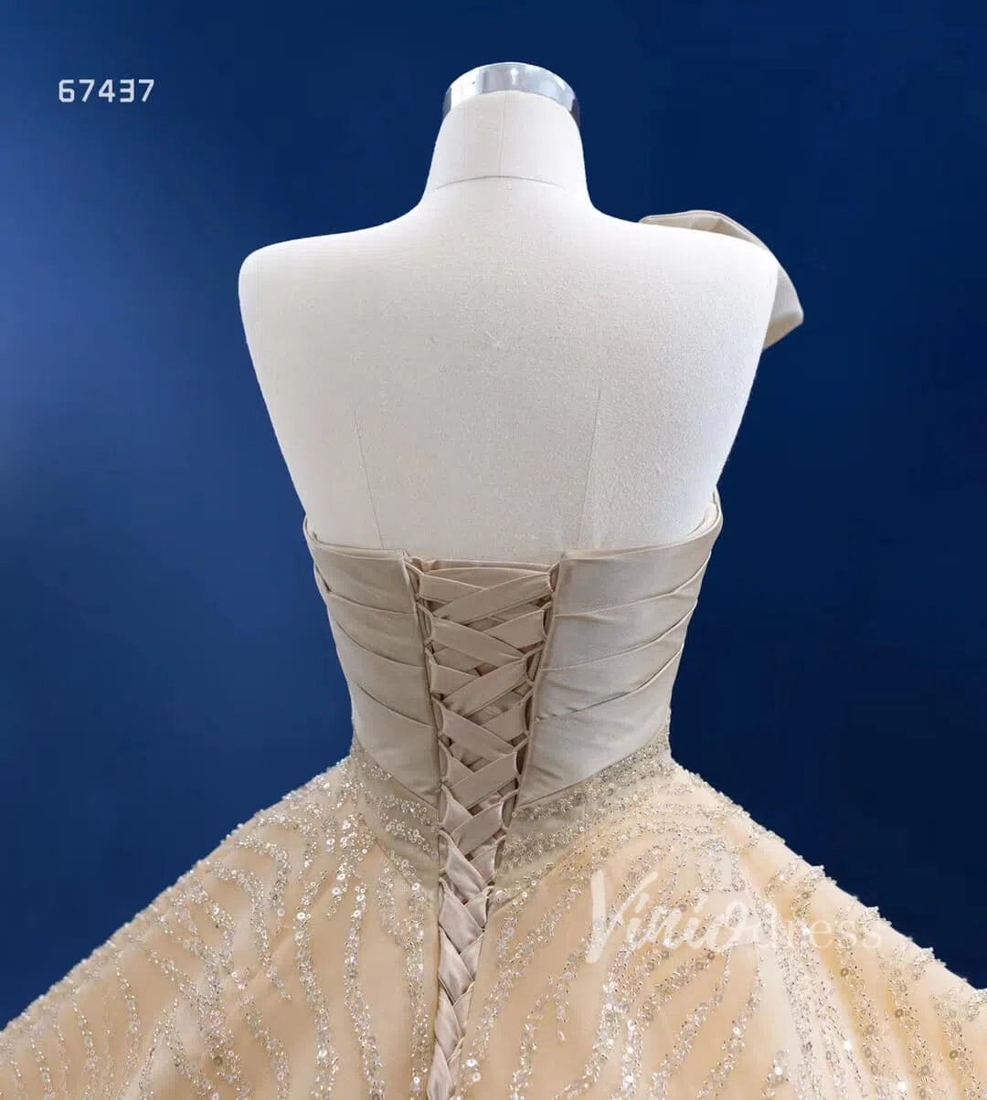 One Shoulder Bow Champagne Feather Ball Gown 67437 viniodress-wedding dresses 2025 -Viniodress-Champagne-Custom Size-