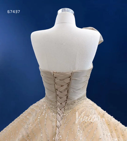 One Shoulder Bow Champagne Feather Ball Gown 67437 viniodress-wedding dresses 2025 -Viniodress-Champagne-Custom Size-
