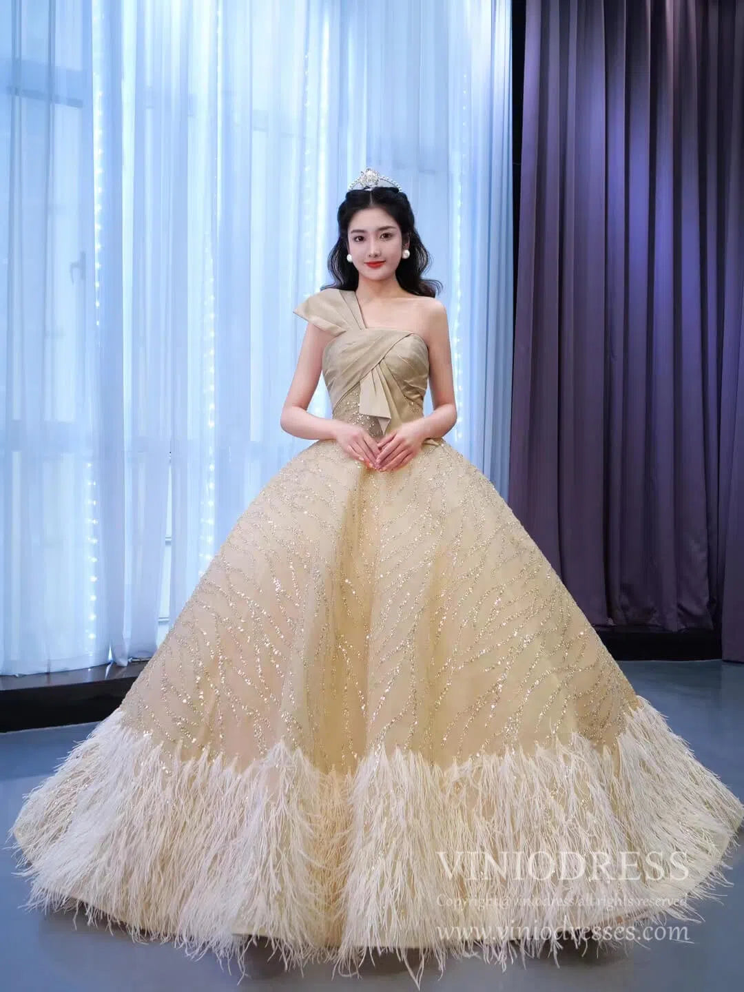 One Shoulder Bow Champagne Feather Ball Gown 67437 viniodress-wedding dresses 2025 -Viniodress-Champagne-Custom Size-