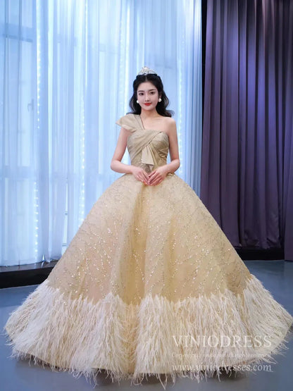 One Shoulder Bow Champagne Feather Ball Gown 67437 viniodress-wedding dresses 2025 -Viniodress-Champagne-Custom Size-