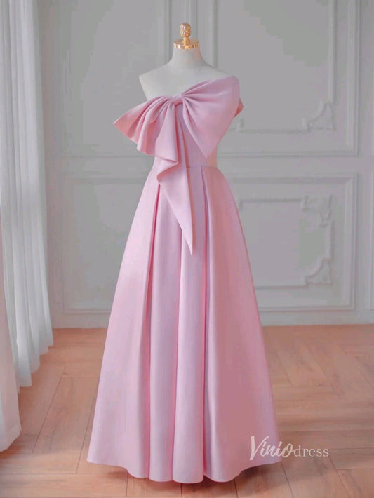 One Shoulder Bow Satin Prom Dress with Pockets 21165-prom dresses 2025 -Viniodress-Pink-Custom Size-