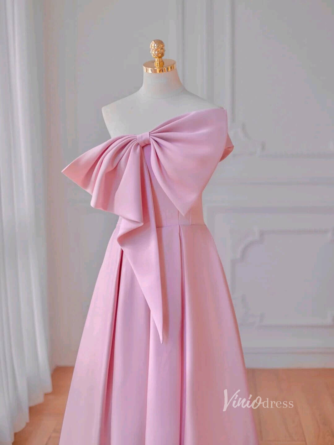 One Shoulder Bow Satin Prom Dress with Pockets 21165-prom dresses 2025 -Viniodress-Pink-Custom Size-