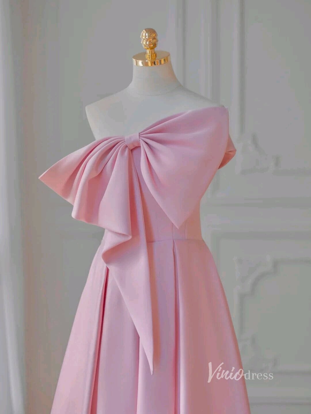 One Shoulder Bow Satin Prom Dress with Pockets 21165-prom dresses 2025 -Viniodress-Pink-Custom Size-