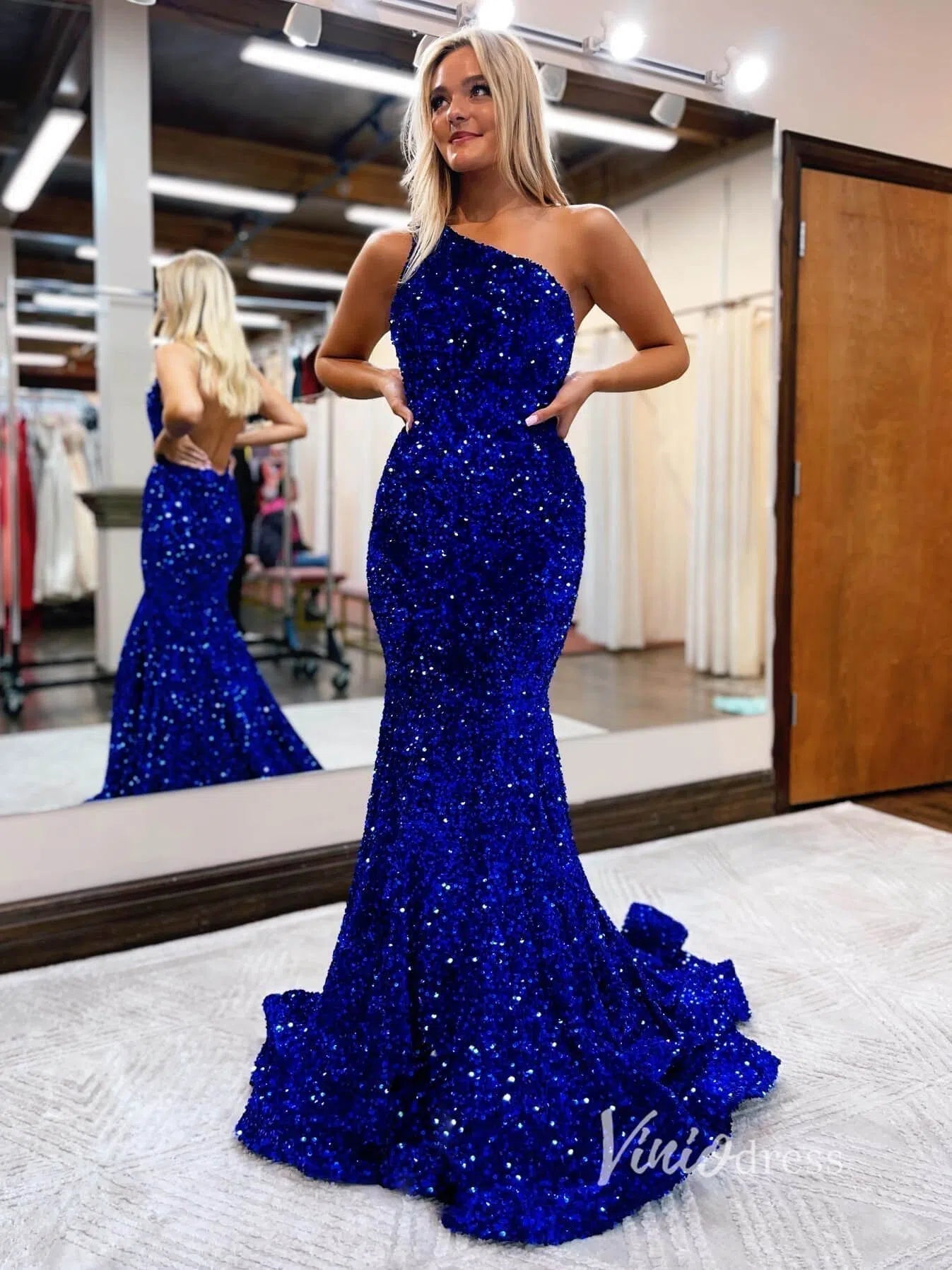 One Shoulder Burgundy Sequin Mermaid Prom Dress 2024 FD2845-prom dresses 2025 -Viniodress-Royal Blue-Custom Size-