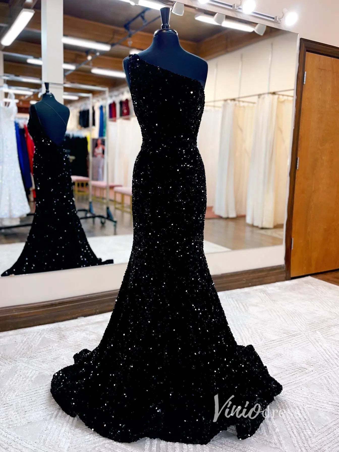 One Shoulder Burgundy Sequin Mermaid Prom Dress 2024 FD2845-prom dresses 2025 -Viniodress-Black-Custom Size-