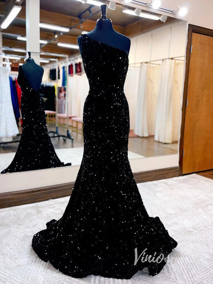 One Shoulder Burgundy Sequin Mermaid Prom Dress 2024 FD2845-prom dresses 2025 -Viniodress-Black-Custom Size-