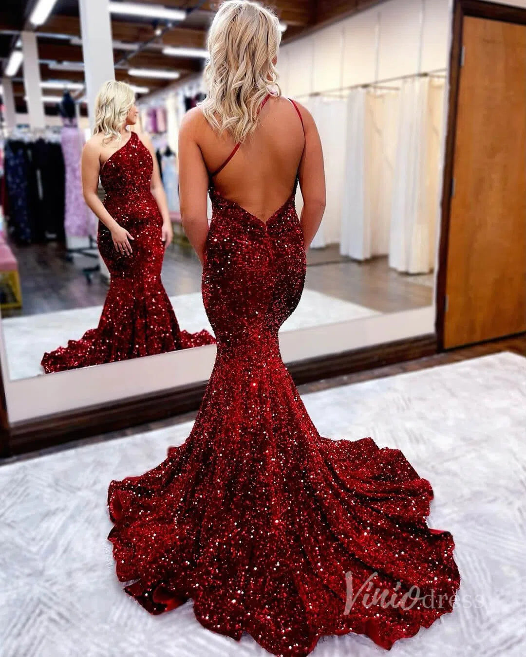 One Shoulder Burgundy Sequin Mermaid Prom Dress 2024 FD2845-prom dresses 2025 -Viniodress-Burgundy-Custom Size-