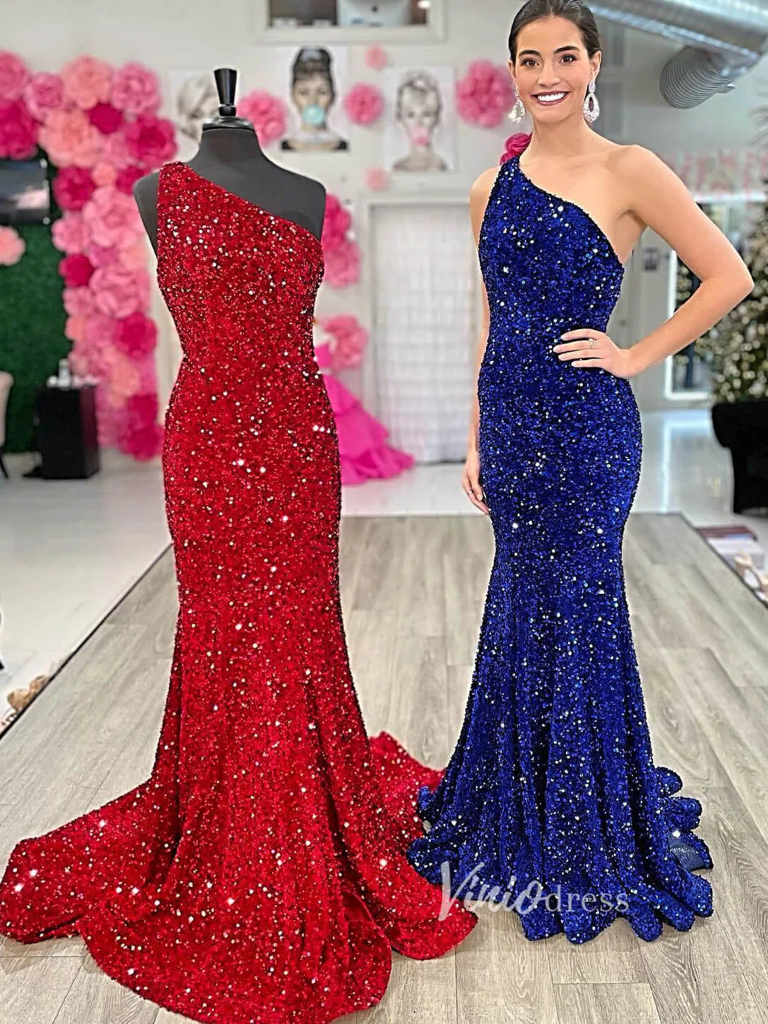 One Shoulder Burgundy Sequin Mermaid Prom Dress 2024 FD2845-prom dresses 2025 -Viniodress-Red-Custom Size-