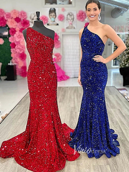 One Shoulder Burgundy Sequin Mermaid Prom Dress 2024 FD2845-prom dresses 2025 -Viniodress-Red-Custom Size-