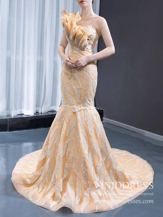 Prom Dress 2025 One Shoulder Champagne Lace Pageant Gown Mermaid Prom Dresses 2020 FD1984 viniodress-unique prom dresses-As Picture-US 2-Viniodress