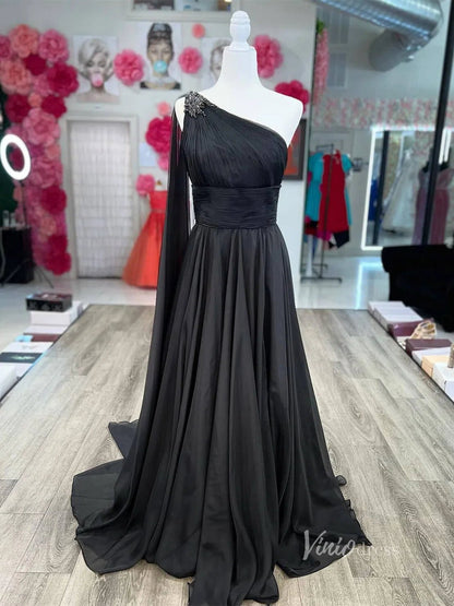 One-Shoulder Chiffon Prom Dress | A-Line Evening Gown with Watteau Train, Ruched Bodice FD2757-Prom Dresses 2025 -Viniodress-Black-Custom Size-