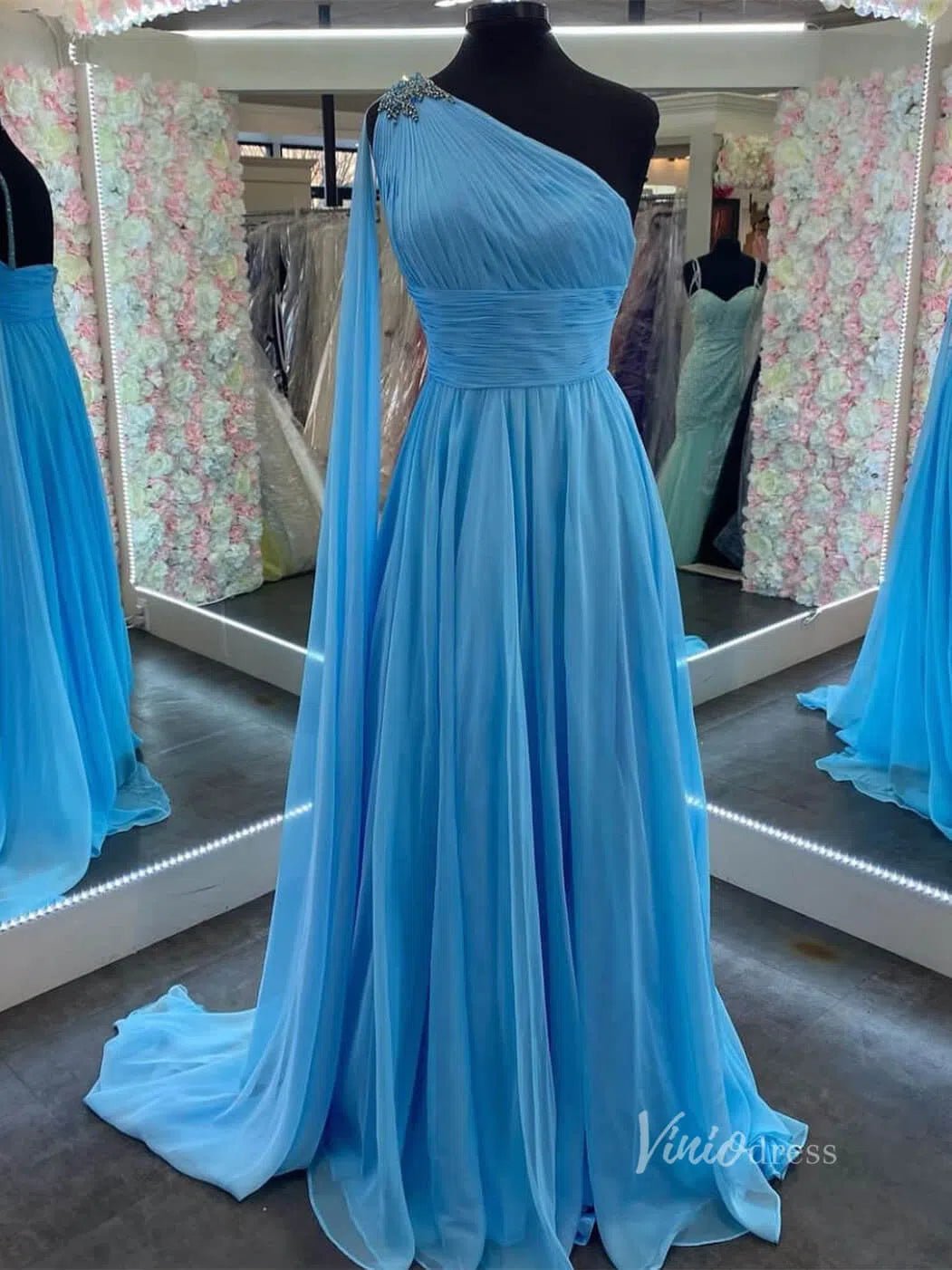 One-Shoulder Chiffon Prom Dress | A-Line Evening Gown with Watteau Train, Ruched Bodice FD2757-Prom Dresses 2025 -Viniodress-Blue-Custom Size-