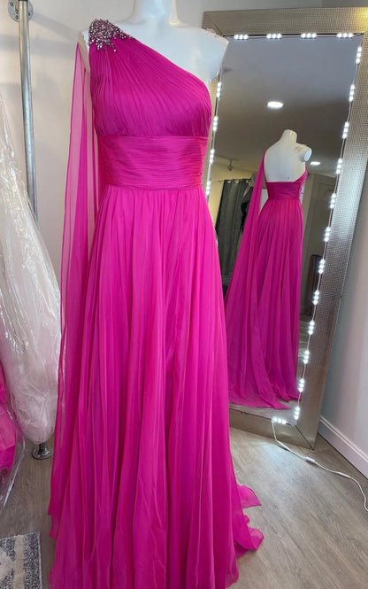 One-Shoulder Chiffon Prom Dress | A-Line Evening Gown with Watteau Train, Ruched Bodice FD2757-Prom Dresses 2025 -Viniodress-Fuchsia-Custom Size-