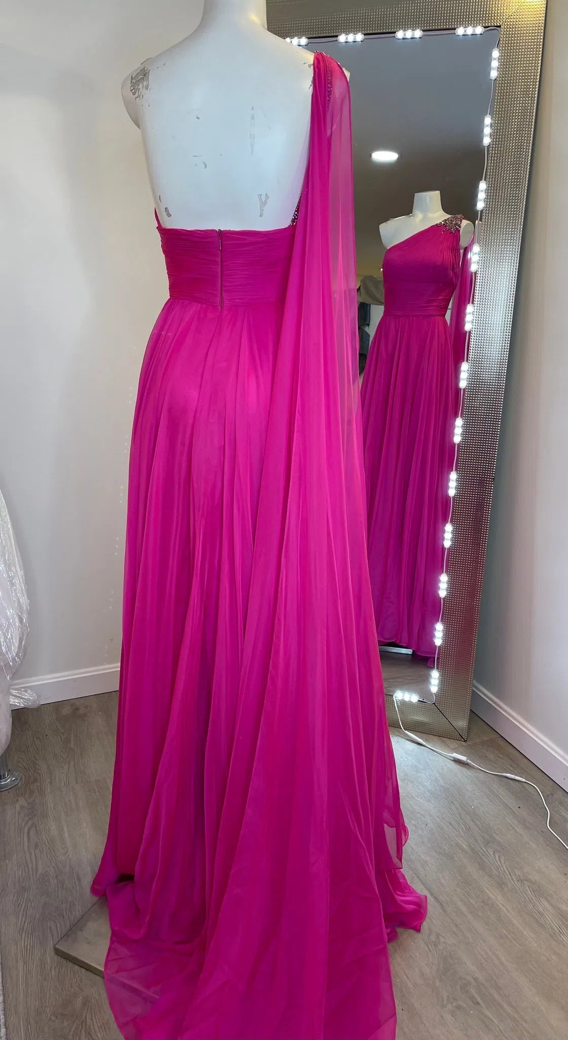 One-Shoulder Chiffon Prom Dress | A-Line Evening Gown with Watteau Train, Ruched Bodice FD2757-Prom Dresses 2025 -Viniodress-Hot Pink-Custom Size-