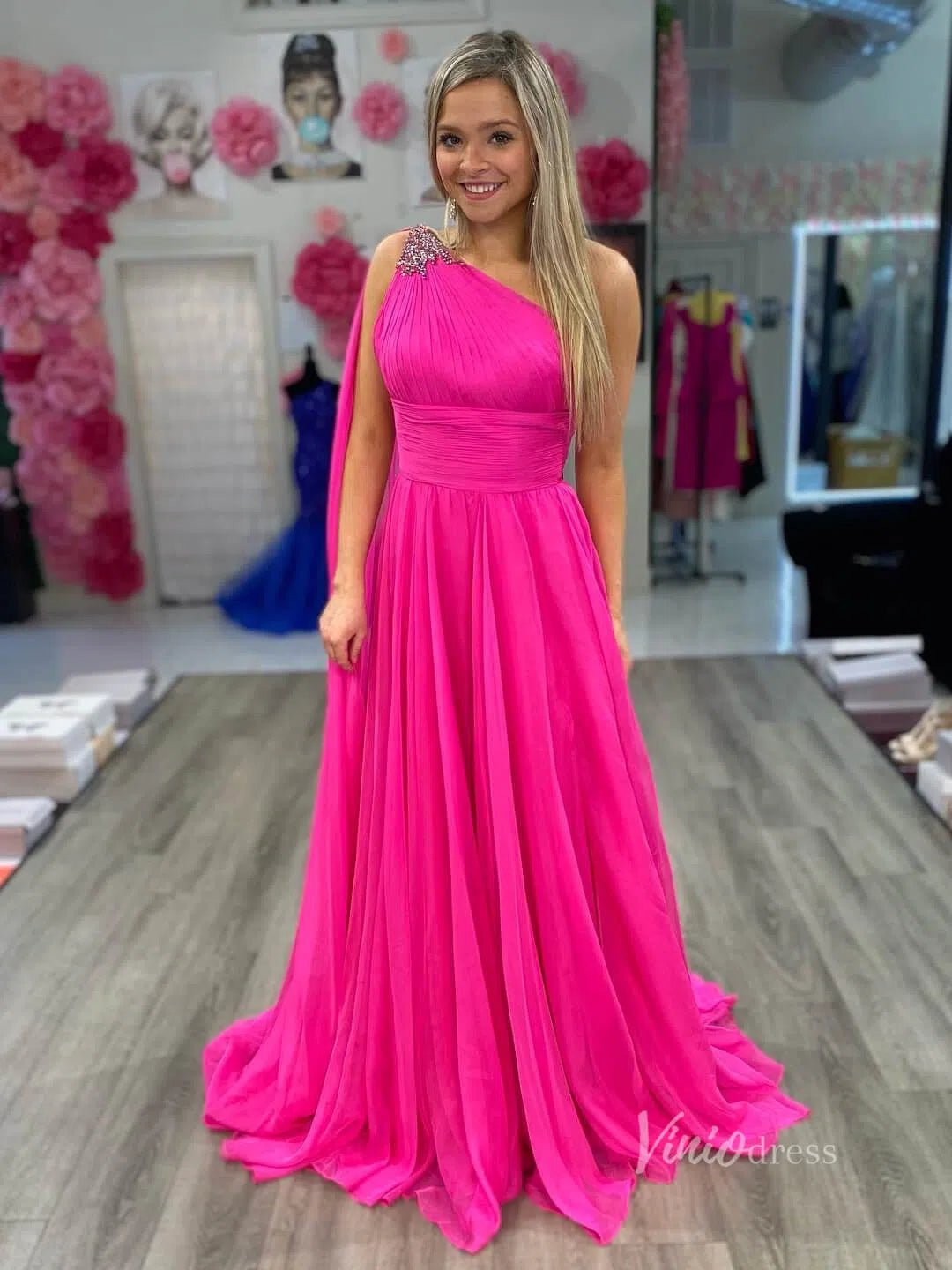 One-Shoulder Chiffon Prom Dress | A-Line Evening Gown with Watteau Train, Ruched Bodice FD2757-Prom Dresses 2025 -Viniodress-Hot Pink-Custom Size-