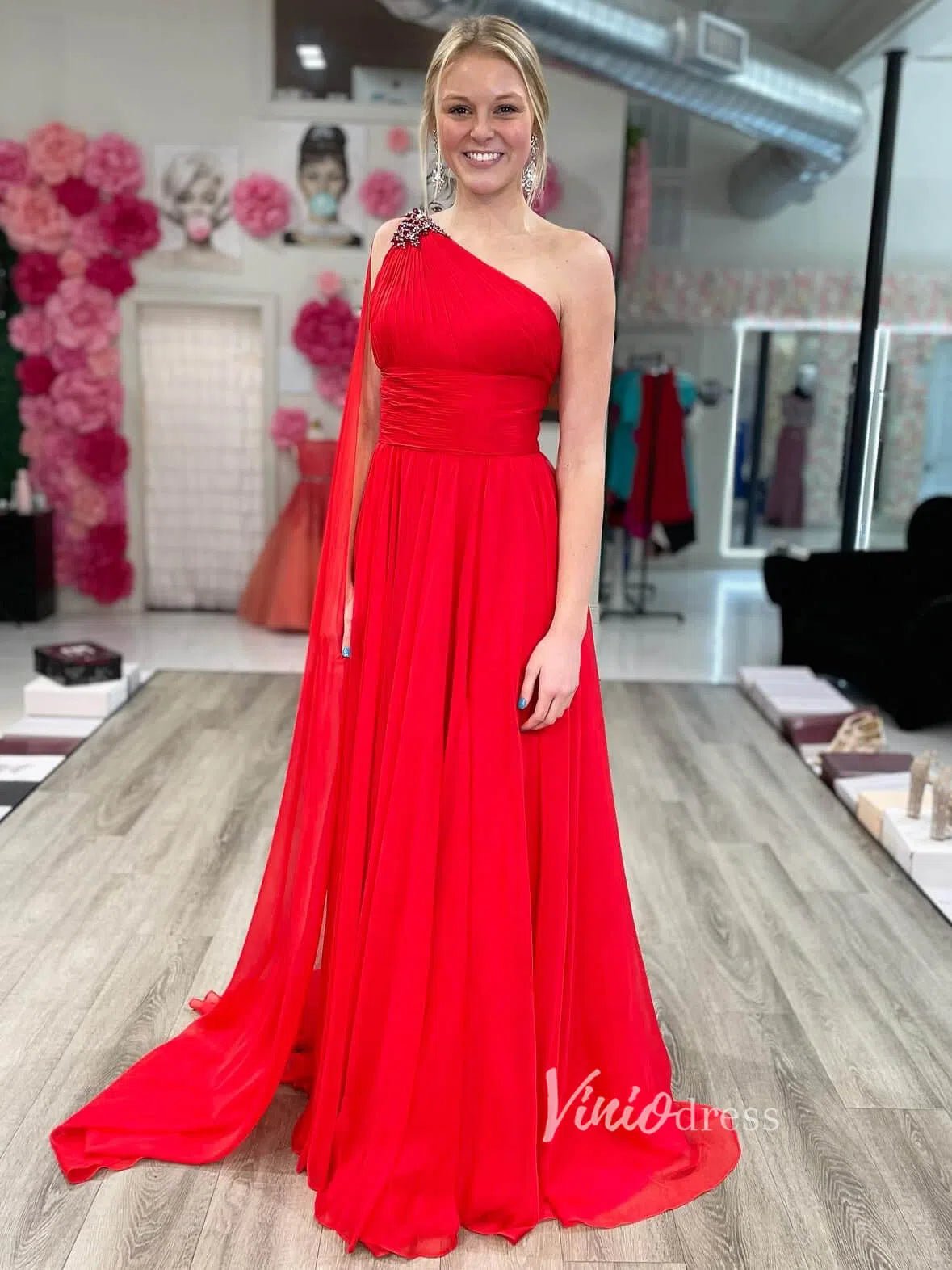 One-Shoulder Chiffon Prom Dress | A-Line Evening Gown with Watteau Train, Ruched Bodice FD2757-Prom Dresses 2025 -Viniodress-Red-Custom Size-
