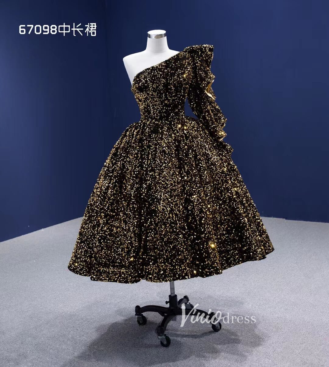 One Shoulder Cocktail Dress Gold Sequin Prom Ball Gown 67098 Tea length-prom dresses 2025 -Viniodress-Gold-Custom Size-