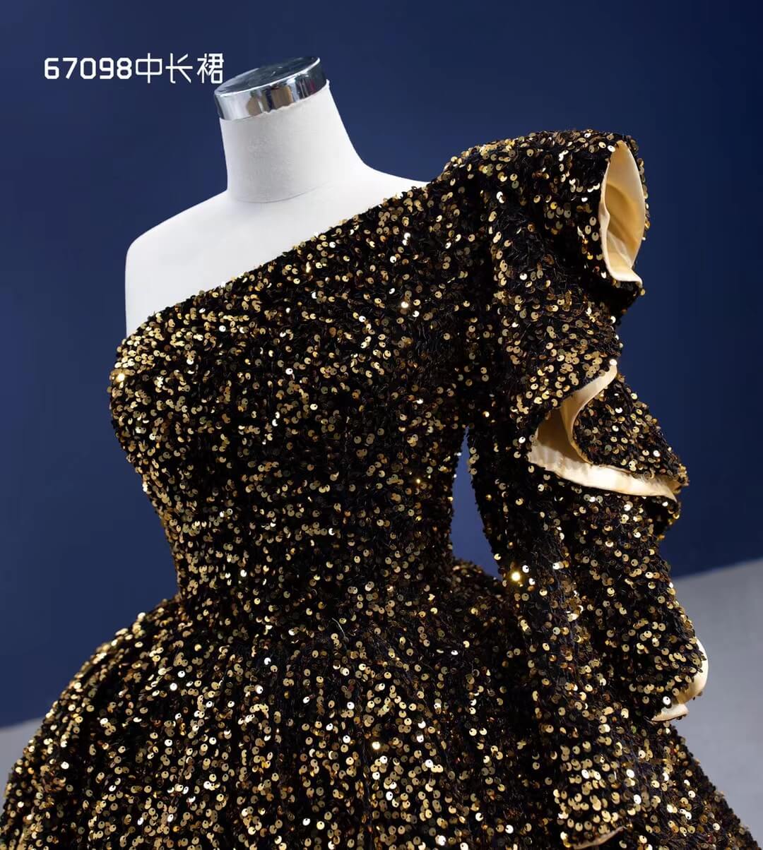 One Shoulder Cocktail Dress Gold Sequin Prom Ball Gown 67098 Tea length-prom dresses 2025 -Viniodress-Gold-Custom Size-