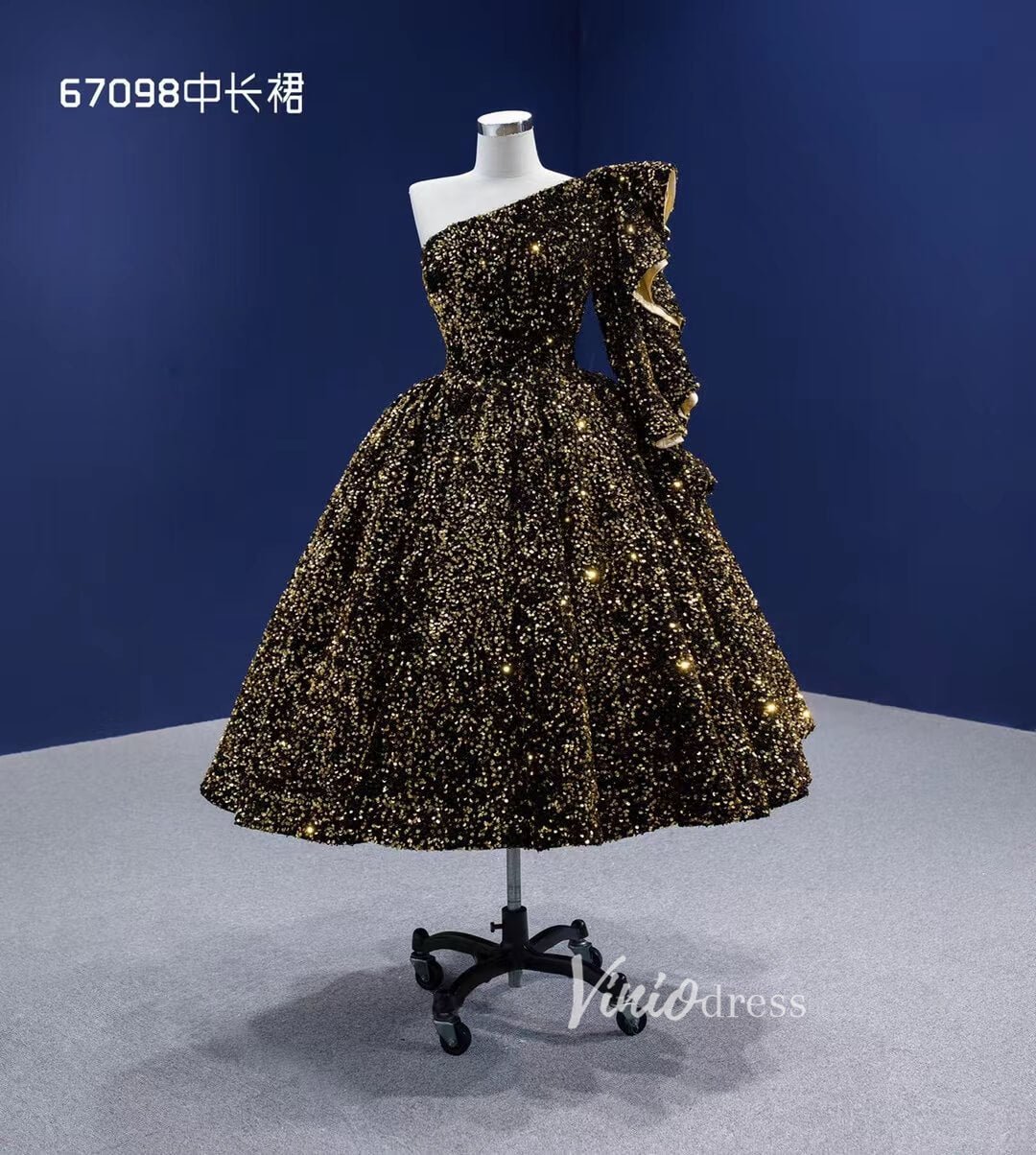 One Shoulder Cocktail Dress Gold Sequin Prom Ball Gown 67098 Tea length-prom dresses 2025 -Viniodress-Gold-Custom Size-