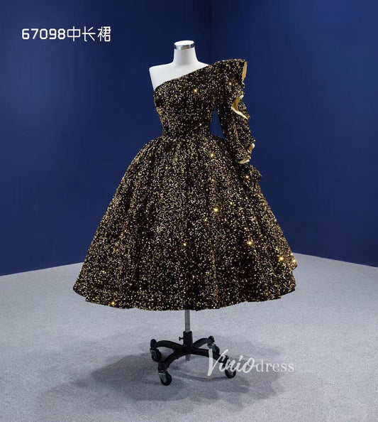 One Shoulder Cocktail Dress Gold Sequin Prom Ball Gown 67098 Tea length-prom dresses 2025 -Viniodress-Gold-Custom Size-
