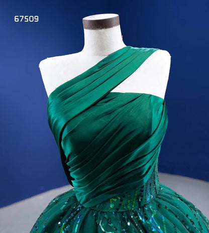 One-Shoulder Emerald Green Ball Gown | Wedding & Debutante Dress 67509-Quinceanera Dresses 2025 -Viniodress-Emerald Green-Custom Size-