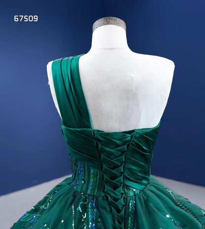 One-Shoulder Emerald Green Ball Gown | Wedding & Debutante Dress 67509-Quinceanera Dresses 2025 -Viniodress-Emerald Green-Custom Size-