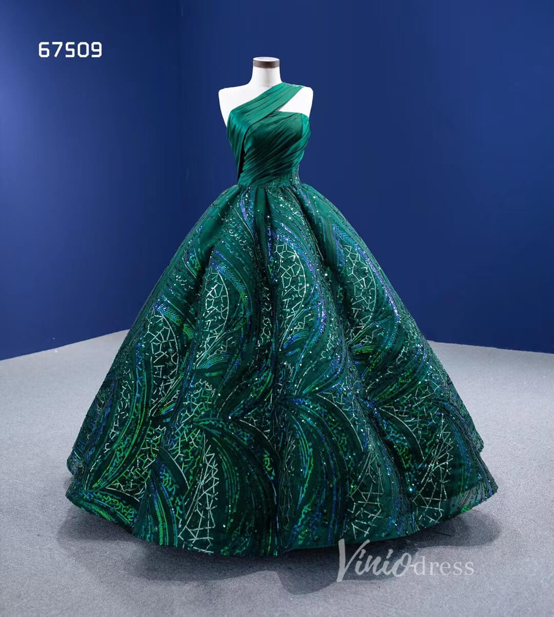 Prom Dress 2025 One Shoulder Emerald Green Ball Gown Wedding Dresses 67509-unique Quinceanera Dresses-Emerald Green-Custom Size-Viniodress