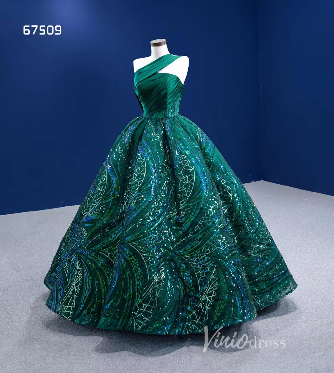 Prom Dress 2025 One Shoulder Emerald Green Ball Gown Wedding Dresses 67509-unique Quinceanera Dresses-Emerald Green-Custom Size-Viniodress