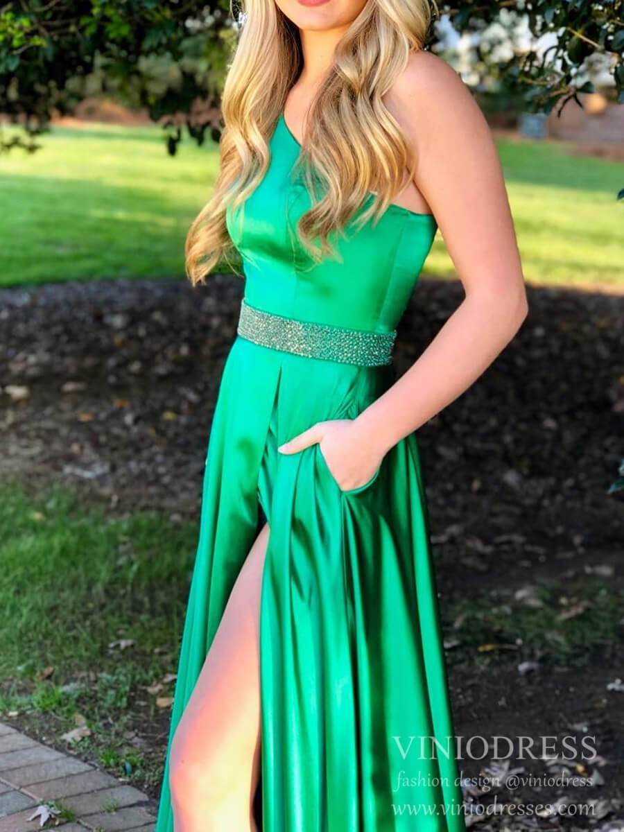 Prom Dress 2025 One Shoulder Emerald Green Satin Long Prom Dresses with Pockets FD2121-unique prom dresses-Green-Custom Size-Viniodress