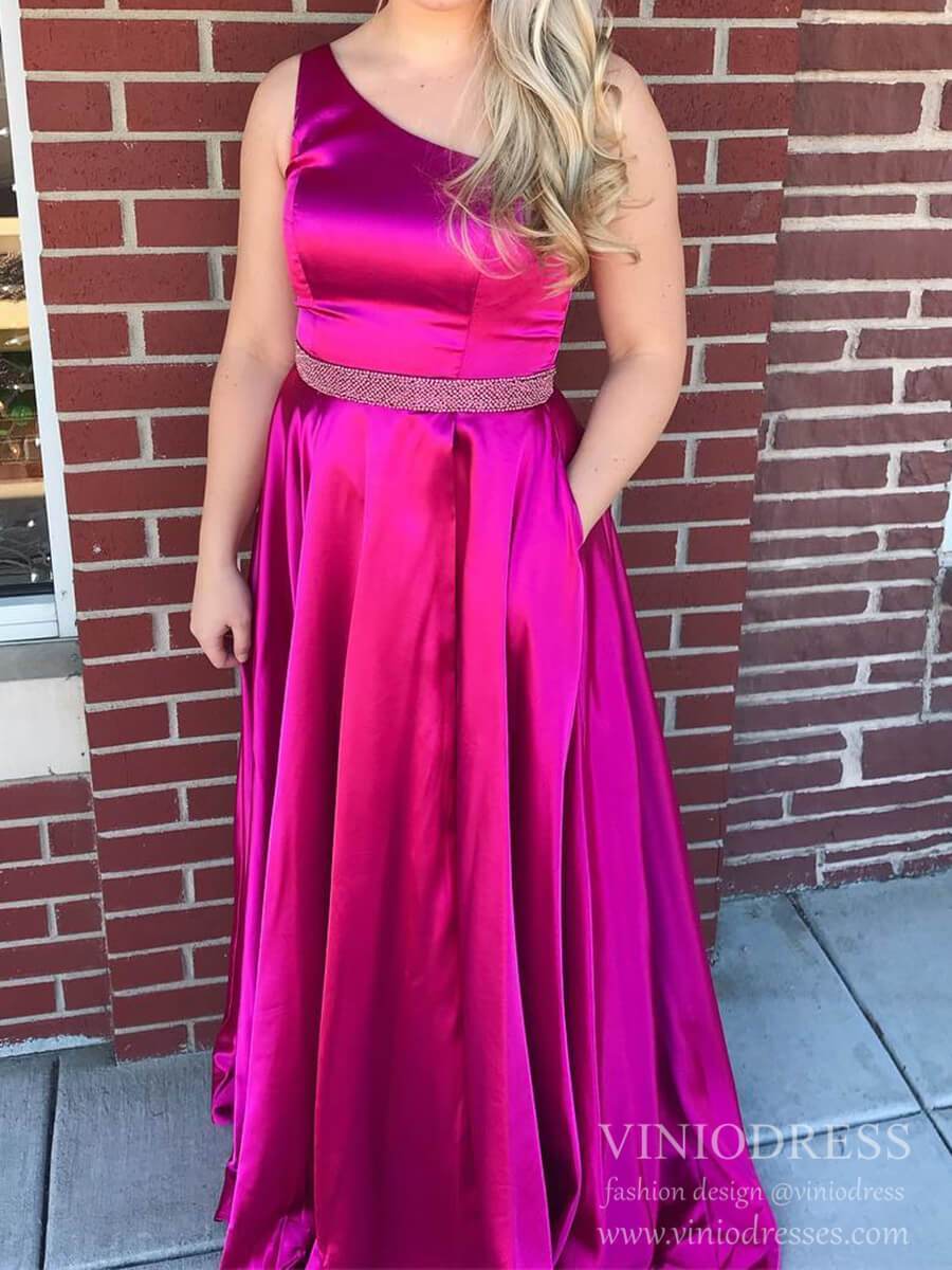 Prom Dress 2025 One Shoulder Emerald Green Satin Long Prom Dresses with Pockets FD2121-unique prom dresses-Fuchsia-Custom Size-Viniodress