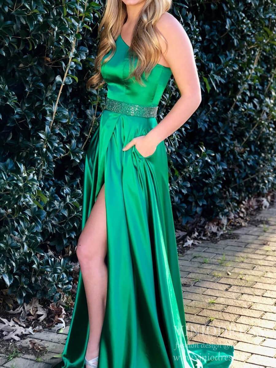 Prom Dress 2025 One Shoulder Emerald Green Satin Long Prom Dresses with Pockets FD2121-unique prom dresses-Green-Custom Size-Viniodress