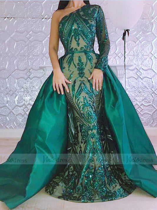 Prom Dress 2025 One Shoulder Emerald Green Sequin Prom Dresses Removable Overskirt FD1631-unique prom dresses-Dark Green-Custom Size-Viniodress