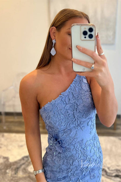 One Shoulder Blue Lace Appliqued Prom Dresses with Slit FD1250R-prom dresses 2025 -Viniodress-Blue-Custom Size-