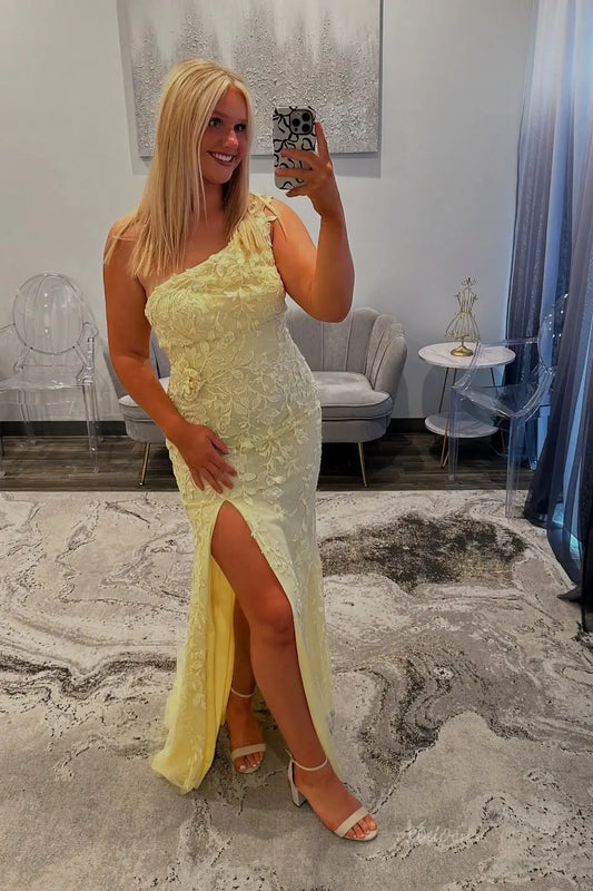 One Shoulder Floral Lace Appliquéd Prom Dresses with Slit FD1250R-prom dresses 2026-Viniodress-Yellow-US 0-