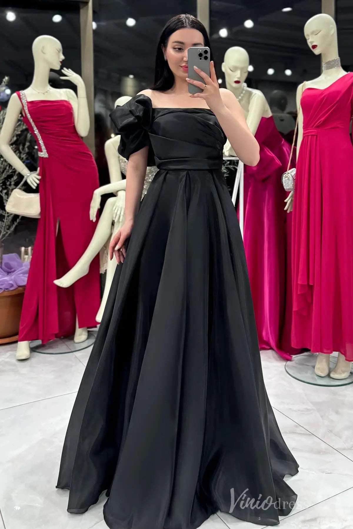 One-Shoulder Formal Dress with Puffy Sleeve, Ruched Bodice, and Flowing Organza Skirt – AS031-prom dresses 2025 -Viniodress-Black-Custom Size-